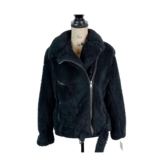 Free People Women's Black Faux Fur Full Zip Cozy Slouchy Moto Jacket Size XL - Picture 7 of 15
